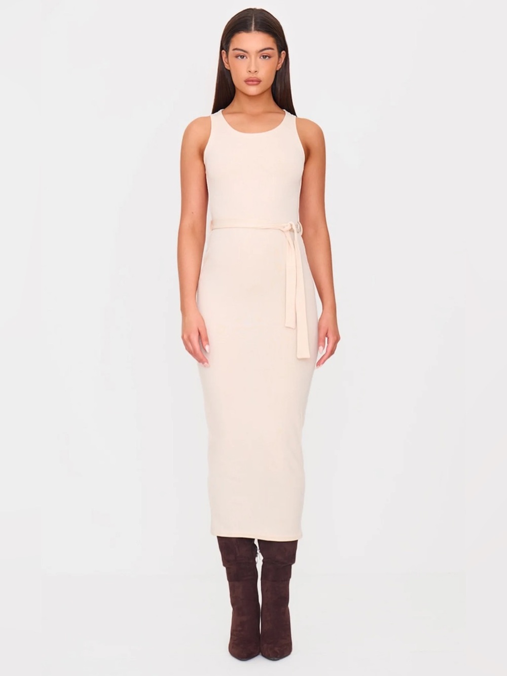 PrettyLittleThing Ribbed Open Back Waist Tie Midi Dress, Cream, Size 2, EUC
